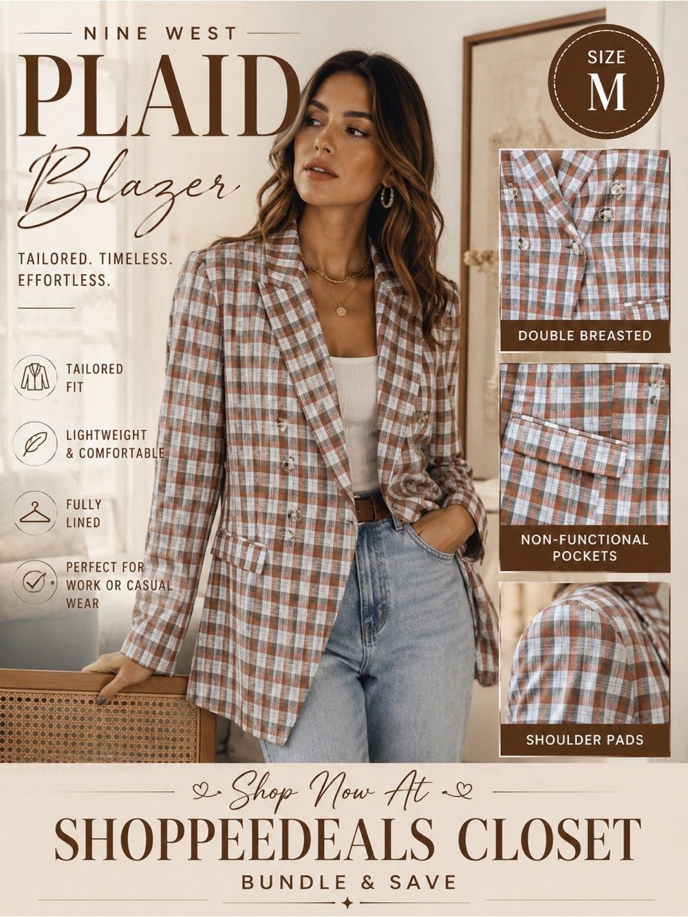 Nine West Plaid Double Breasted Blazer Jacket Size Medium